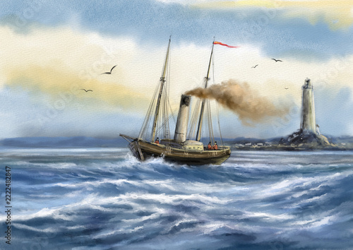 Vintage Steam Fishing Boat at Sea with Lighthouse – Watercolor Maritime Landscape