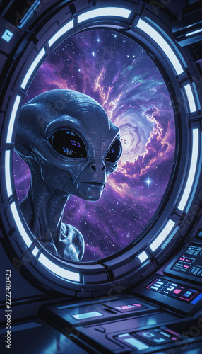 Alien creature looking out of a spaceship window into a galaxy  