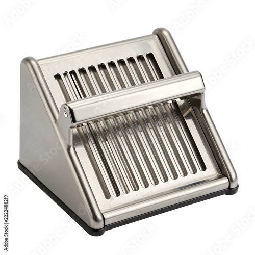 Stainless steel kitchen tool for slicing eggs and soft food products isolated on white.