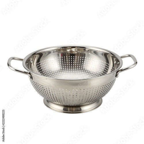 A shiny stainless steel kitchen colander with two handles isolated on a white background.