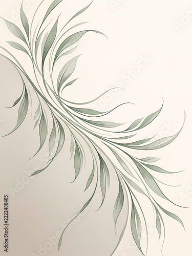Botanical Leaf Sprig with Soft Green Foliage on a Delicate Light Cream Background