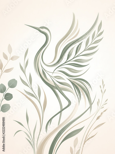 Crane Bird Stylized with Botanical Leaves for Elegant Nature Wall Art Decor Design