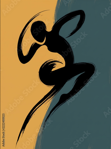 Dancer Silhouette in Dynamic Pose with Brush Stroke Texture on Dual Color Background