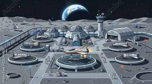 Futuristic Lunar Colony with Spaceships and Earth View.
