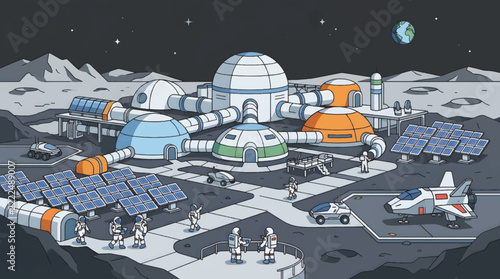 Futuristic Moon Base Colony with Domes and Solar Panels.