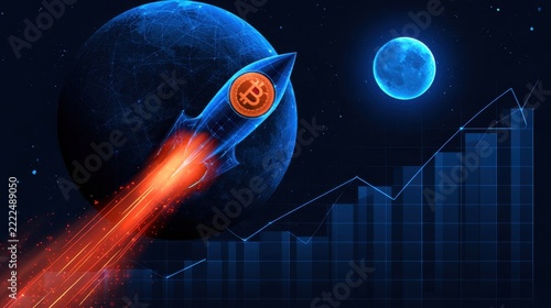 Digital illustration of cryptocurrency rocket with bitcoin symbol soaring in outer space with planet and rising bar graph background