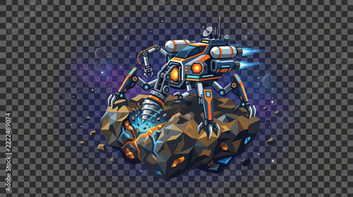 Futuristic robotic mech standing on rocky terrain with glowing lights.