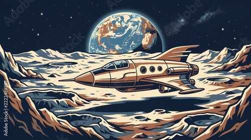 Futuristic spaceship parked on the moon surface with Earth in the background.