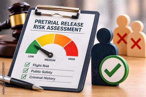 Pretrial Risk Assessment form with legal gavel and symbolic figures for the concept of legal judgement and justice.