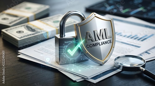AML compliance represented by a locked padlock and a shield with the text AML COMPLIANCE to signify security and regulation in finance.