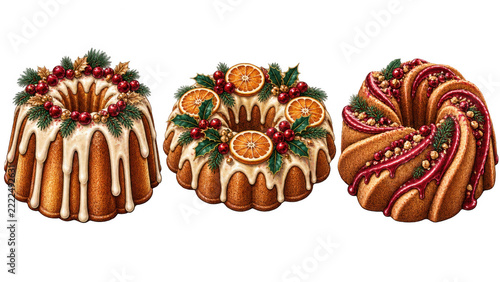 Set of Festive Christmas Bundt Cakes with Holiday Decorations