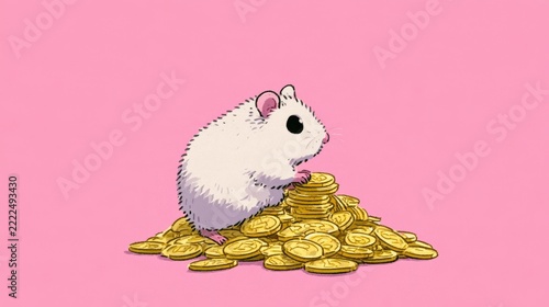 Cute small white hamster sitting on large pile of shiny gold coins with pink background rich wealth concept illustration