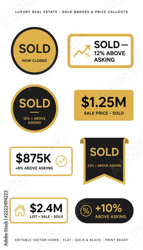 Set of luxury real estate sold badges and price callout graphics including 12 percent above asking on pure white background, editable flat vector.