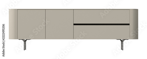 Modern sideboard cabinet with fluted end panels and slim metal legs isolated on white