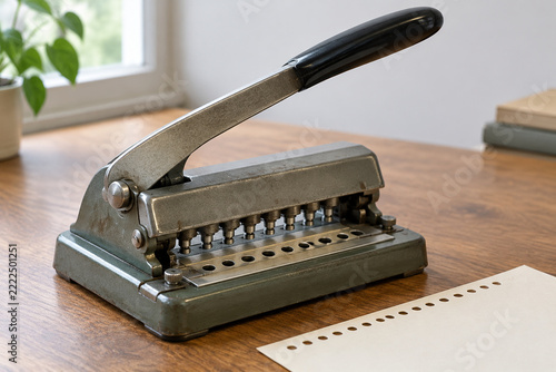 Vintage manual paper perforator on a wooden desk, revealing a neat row of circular holes.