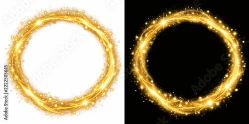 Golden glitter ring with magical glowing sparkles and light trails on transparent background for festive holiday celebration, luxury branding, or creative Christmas design overlay