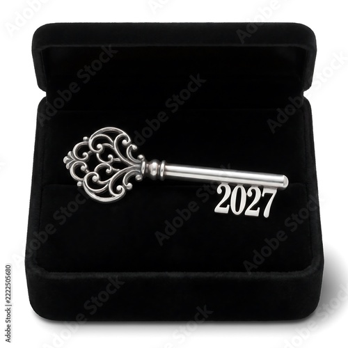 Key with year 2027 resting inside a soft black velvet box.