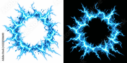 Fotografie Blue lightning explosion ring with crackling electrical sparks, 3d render of glo