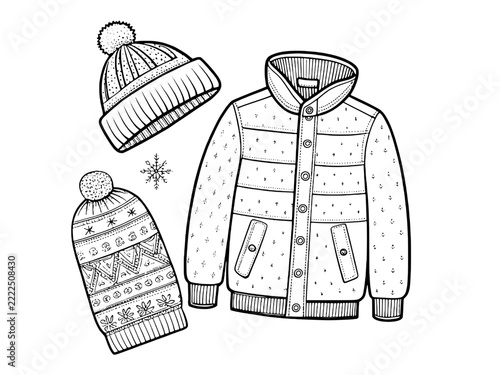 Winter clothing illustration featuring a quilted jacket and two knit beanies with patterns