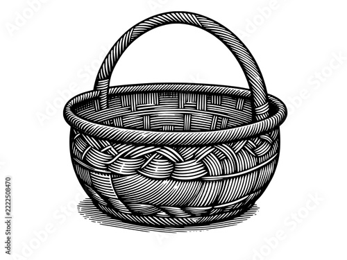 Black and white line art illustration of a woven basket with a handle with isolated white background
