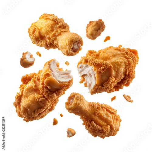 Crispy fried chicken pieces floating with crumbs isolated
