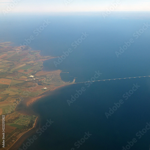 Confederation bridge linking PEI to New Brunswick at Borden PEI, aerial photo
