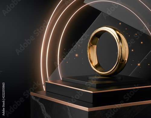 Elegant gold ring on geometric podium display stage for minimalist luxury
