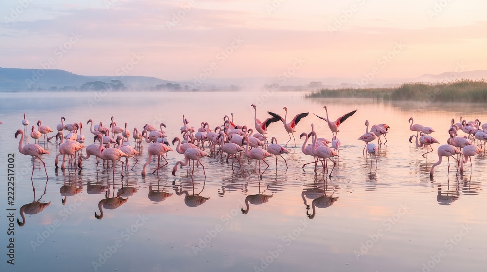 Naklejka premium Flock of pink flamingos standing in a calm lake at sunrise