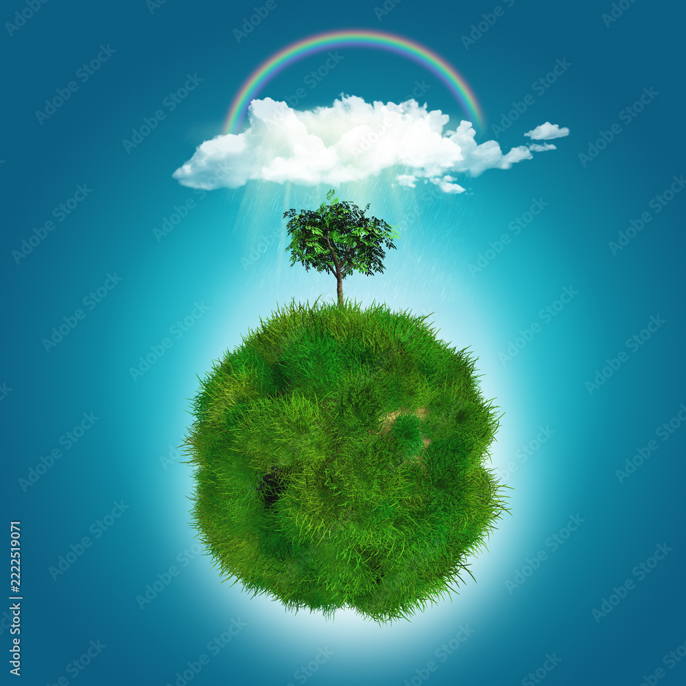 Fototapeta premium 3D render of a grassy globe with a tree, rainbow and raincloud