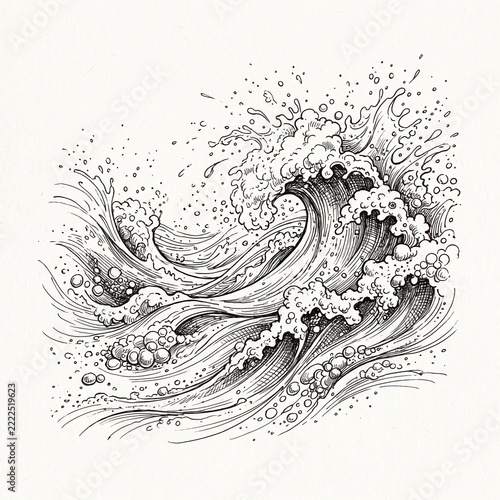 Pen and ink wave illustration with splashes and bubbles in sea  