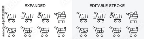 Shopping cart icon set, vector line icons with editable stroke for e-commerce, online store, checkout and retail