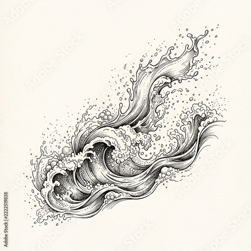 Flowing waves with bubbles and foam in a hand-drawn style  