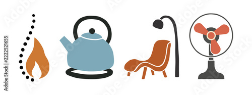Set of home comfort icons including kettle armchair lamp fire and electric fan