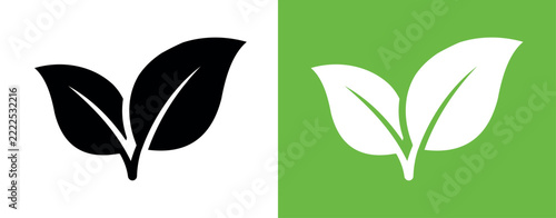 Set of two leaf icons, black and white silhouettes and green backgrounds, vector illustration for ecofriendly design
