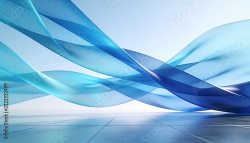 Floating blue translucent ribbons sweeping over glossy tiled floor, casting highlights