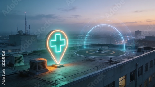 Glowing medical pin casting neon cyan glow on rooftop helipad with helicopter and holographic ring