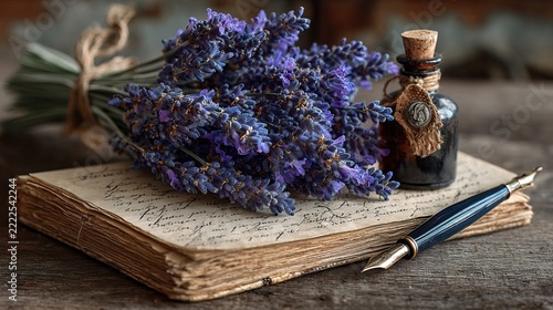 Vintage Book with Lavender Flower Bouquet and Small Figurine on Rustic Surface.