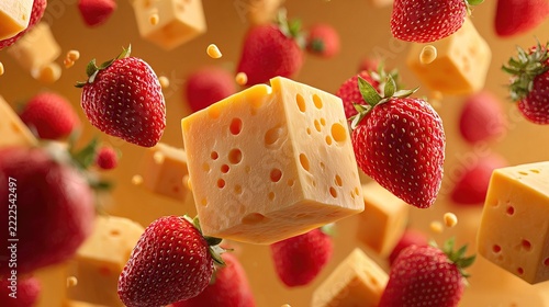 Cheese and Strawberry Fusion with Dynamic Falling Motion.