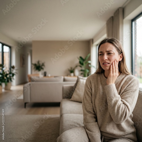 Young Woman Suffering from Severe Wisdom Tooth Pain and Jaw Discomfort - Dental Health and Oral Care Stock Photo