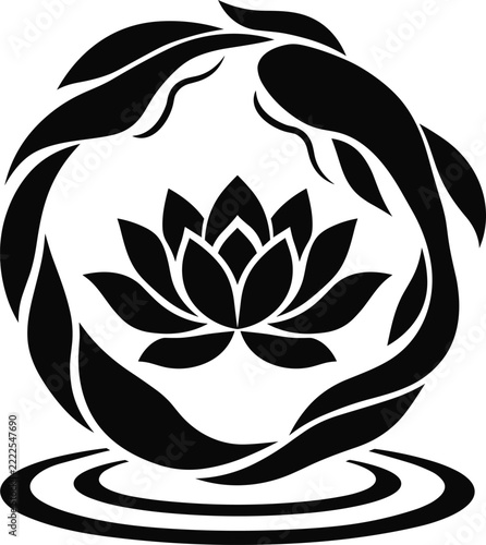 Lotus Flower with Circular Botanical Leaves and Water Ripples Vector
