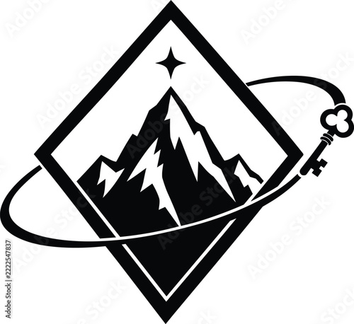Geometric Diamond Frame with Mountain Peaks Stars and Orbital Ring Vector