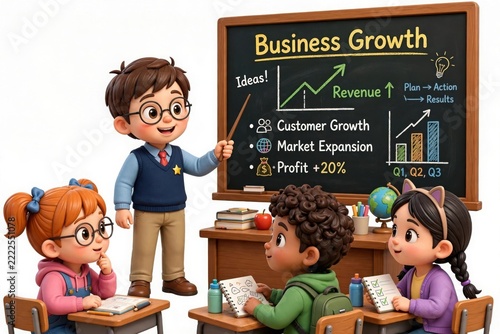 Cartoon boy teaching kids about business growth in classroom