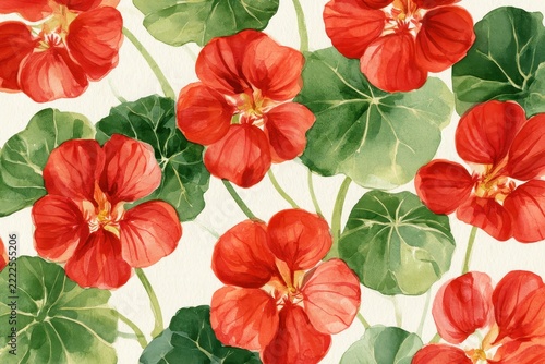 Red Nasturtium Flowers with Lush Foliage in Watercolor Illustration