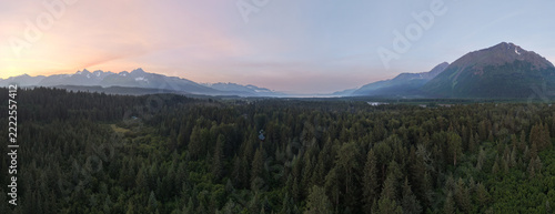 Mountains Sunrise Above the Alaskan Boreal Forest in Seward