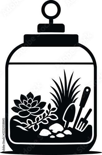 Terrarium with plants and garden tools in a glass jar silhouette