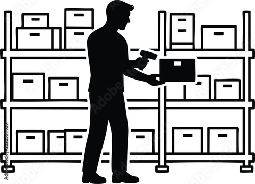 Warehouse worker scanning a package on a shelf in a storage facility