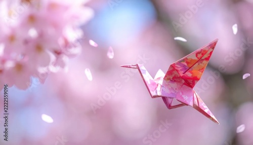 Origami crane flying amidst cherry blossoms.