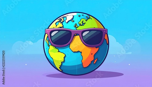 Globe wearing sunglasses on purple background.