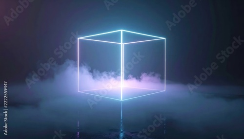 Glowing Neon Cube in Dark Space.