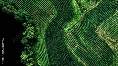 Aerial View of Lush Green Terraced Farmland